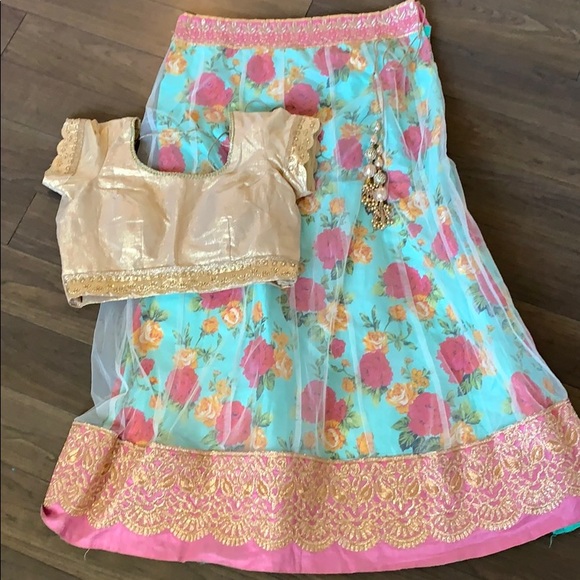 Floral Lengha with net overlay - Picture 1 of 3
